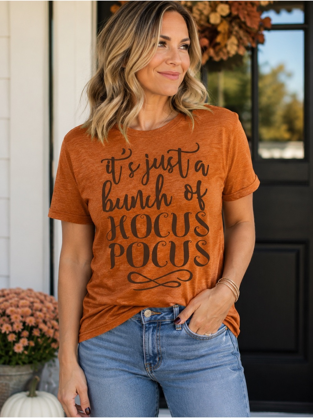 Hocus Pocus Halloween Graphic Tee Size Large Burnt Orange Fall T-Shirt